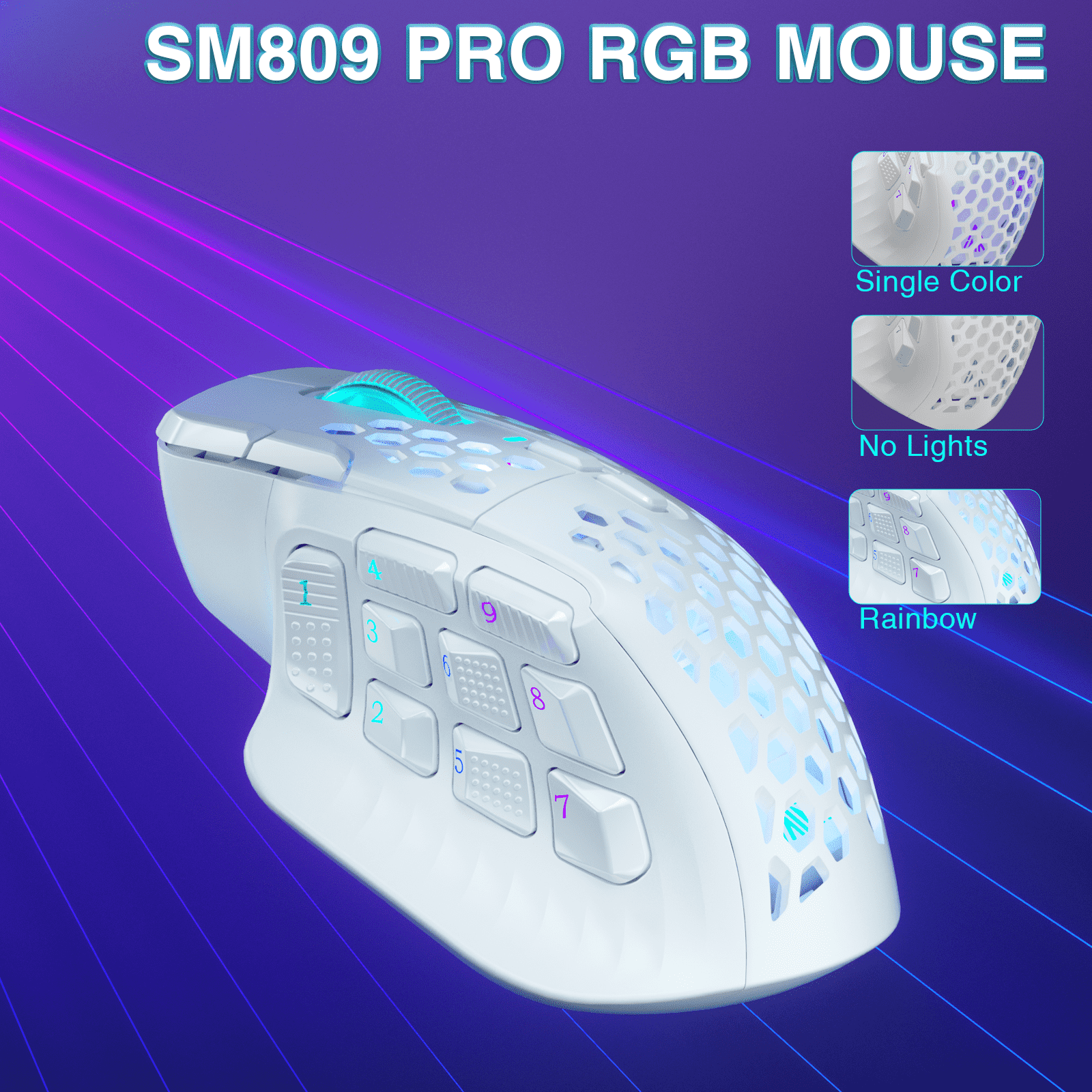 SM809pro Tri-Mode MM0 Wireless Gaming Mouse, Adjustable DPI RGB Backlight,white V1300-SM809PRO-WHITE