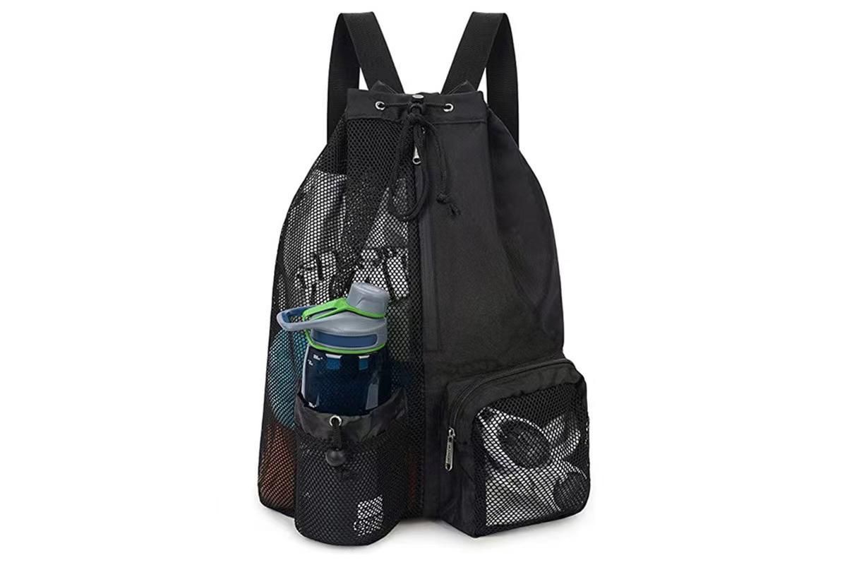 Mesh Beach Backpack with Wet Pocket Drawstring Waterproof Swimming Gym Bag for Men Women - Black V1308-DSZKI-124-1