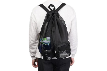 Mesh Beach Backpack with Wet Pocket Drawstring Waterproof Swimming Gym Bag for Men Women - Black V1308-DSZKI-124-1