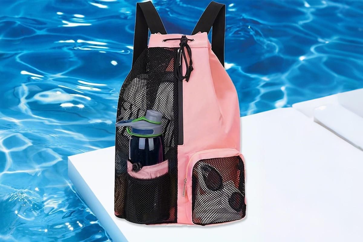 Mesh Beach Backpack with Wet Pocket Drawstring Waterproof Swimming Gym Bag for Men Women - Pink V1308-DSZKI-124-3