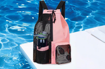 Mesh Beach Backpack with Wet Pocket Drawstring Waterproof Swimming Gym Bag for Men Women - Pink V1308-DSZKI-124-3