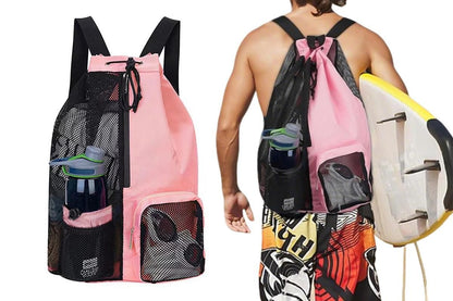 Mesh Beach Backpack with Wet Pocket Drawstring Waterproof Swimming Gym Bag for Men Women - Pink V1308-DSZKI-124-3