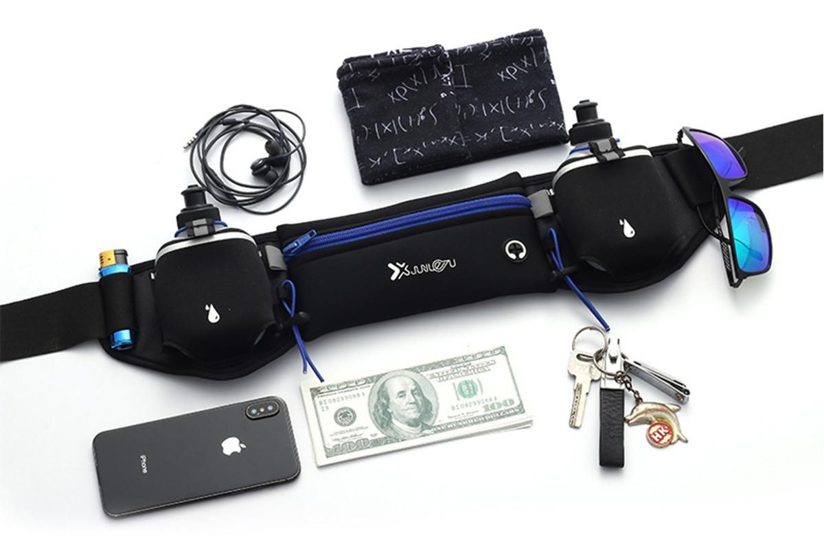 Hydration Running Belt with 2 Water Bottles and Phone Pouch for Marathon Hiking - Blue V1308-DSZKI-125-2