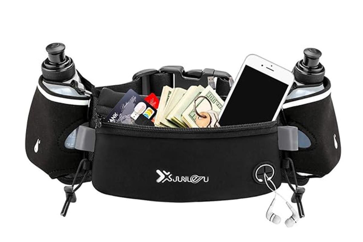 Hydration Running Belt with 2 Water Bottles and Phone Pouch for Marathon Hiking - Black V1308-DSZKI-125-3