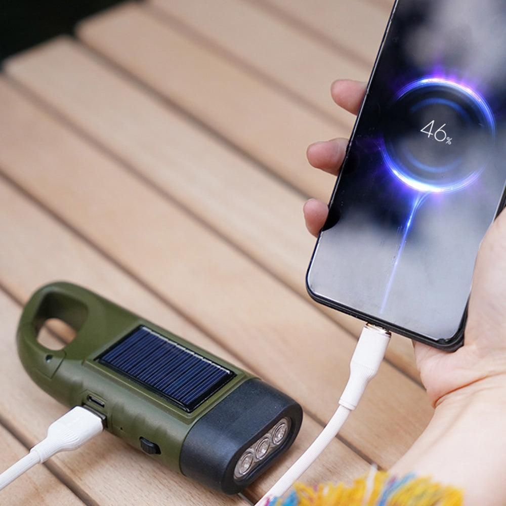 Hand Crank Solar Powered Emergency LED Flashlight - Rechargeable Light Military Green V1308-DSZKI-205