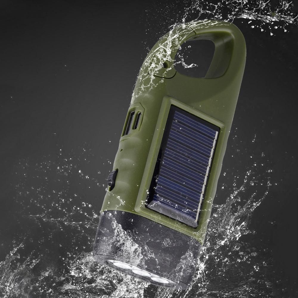 Hand Crank Solar Powered Emergency LED Flashlight - Rechargeable Light Military Green V1308-DSZKI-205