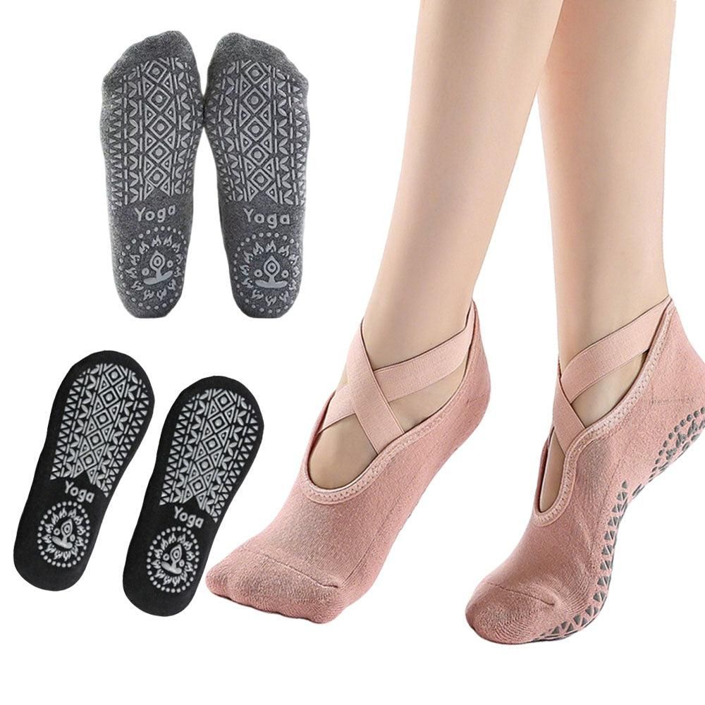 3 Pairs Cross Strap Round Toe Non-Slip Socks for Yoga Pilates and Barre V1308-DSZKI-234