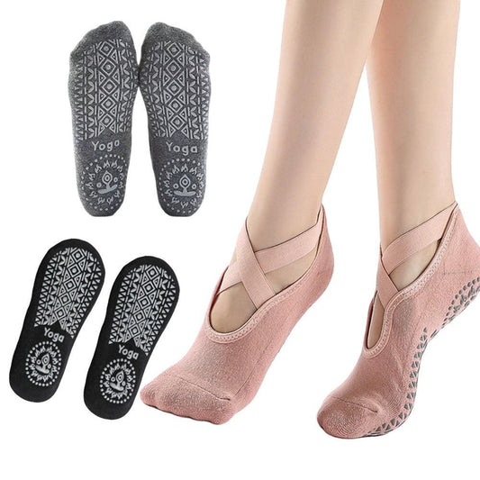 3 Pairs Cross Strap Round Toe Non-Slip Socks for Yoga Pilates and Barre V1308-DSZKI-234