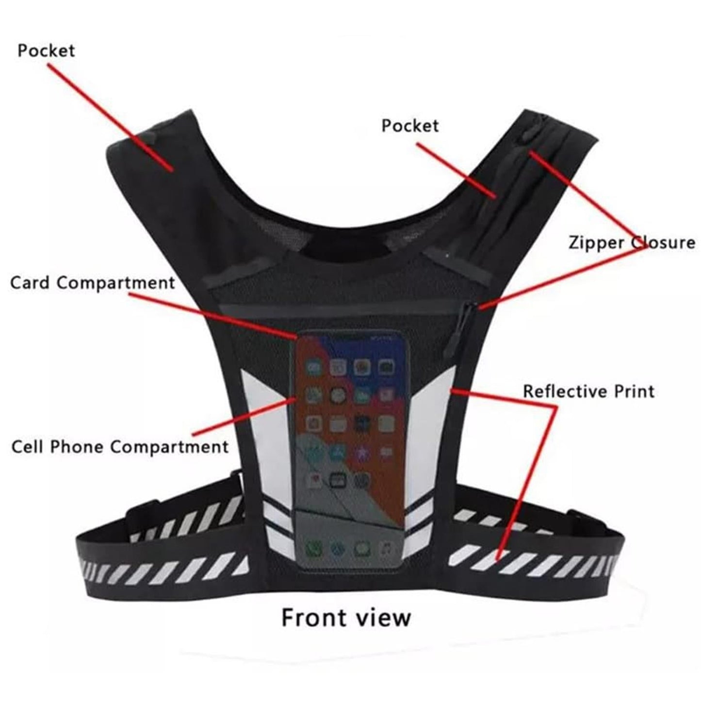 Reflective Running Vest One Size Mesh Lightweight Adjustable Breathable with Phone Pocket 1pc V1308-DSZKI-306