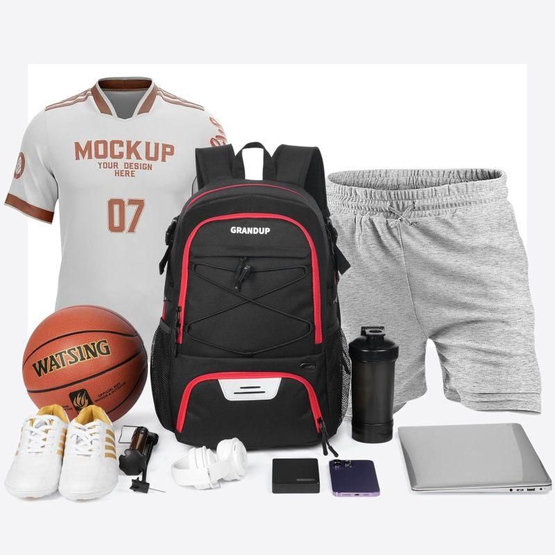 Basketball Backpack with Sneaker Compartment, Football Sports Training Bag with Red Zipper V1308-DSZKI-318