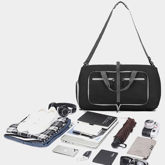 Foldable Travel Duffle Bag with Shoe Compartment - Black V1308-DSZKI-391-3