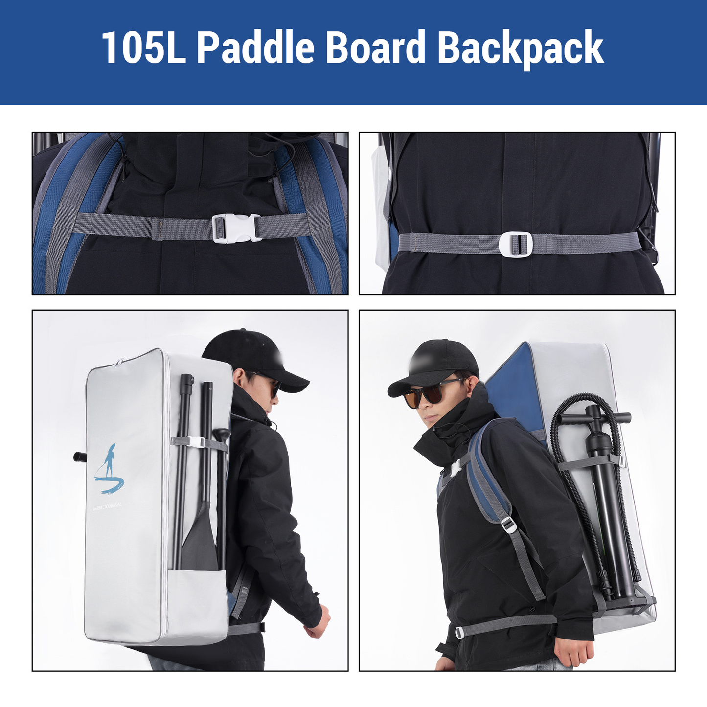 105L Waterproof Paddle Board Backpack Large Capacity Portable Oxford Cloth SUP Surfboard Bag V1308-DSZKI-405