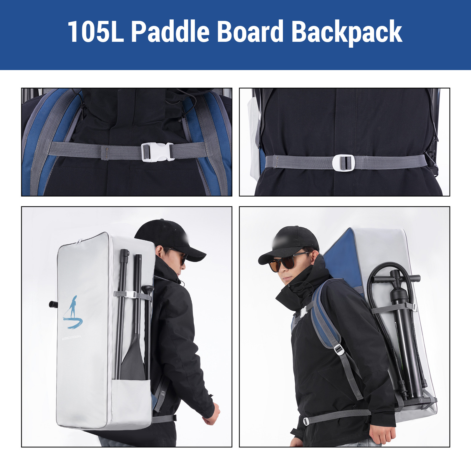 105L Waterproof Paddle Board Backpack Large Capacity Portable Oxford Cloth SUP Surfboard Bag V1308-DSZKI-405