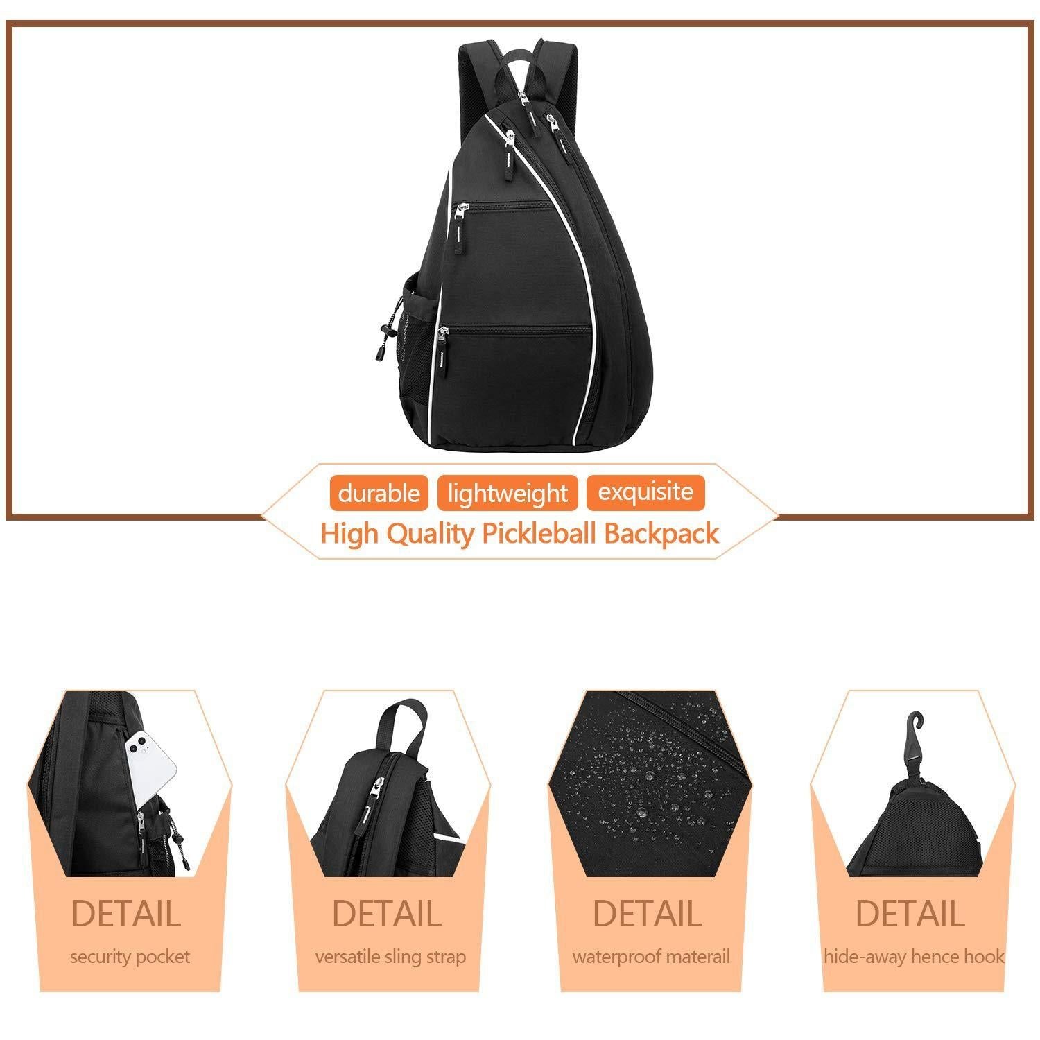 Pickleball Backpack Adjustable Sling Bag With Fence Hook And Large Capacity - Black V1308-DSZKI-478-1