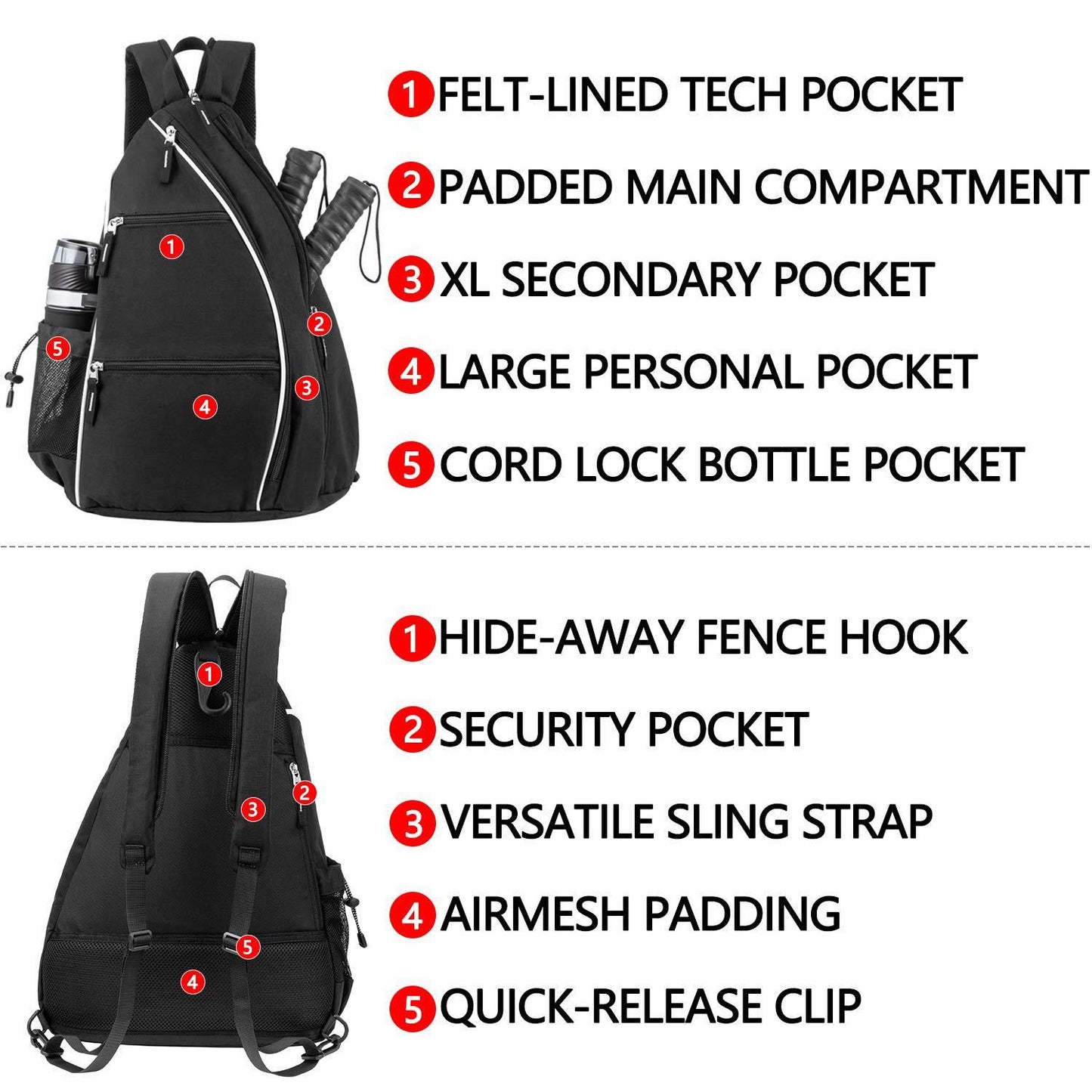 Pickleball Backpack Adjustable Sling Bag With Fence Hook And Large Capacity - Black V1308-DSZKI-478-1
