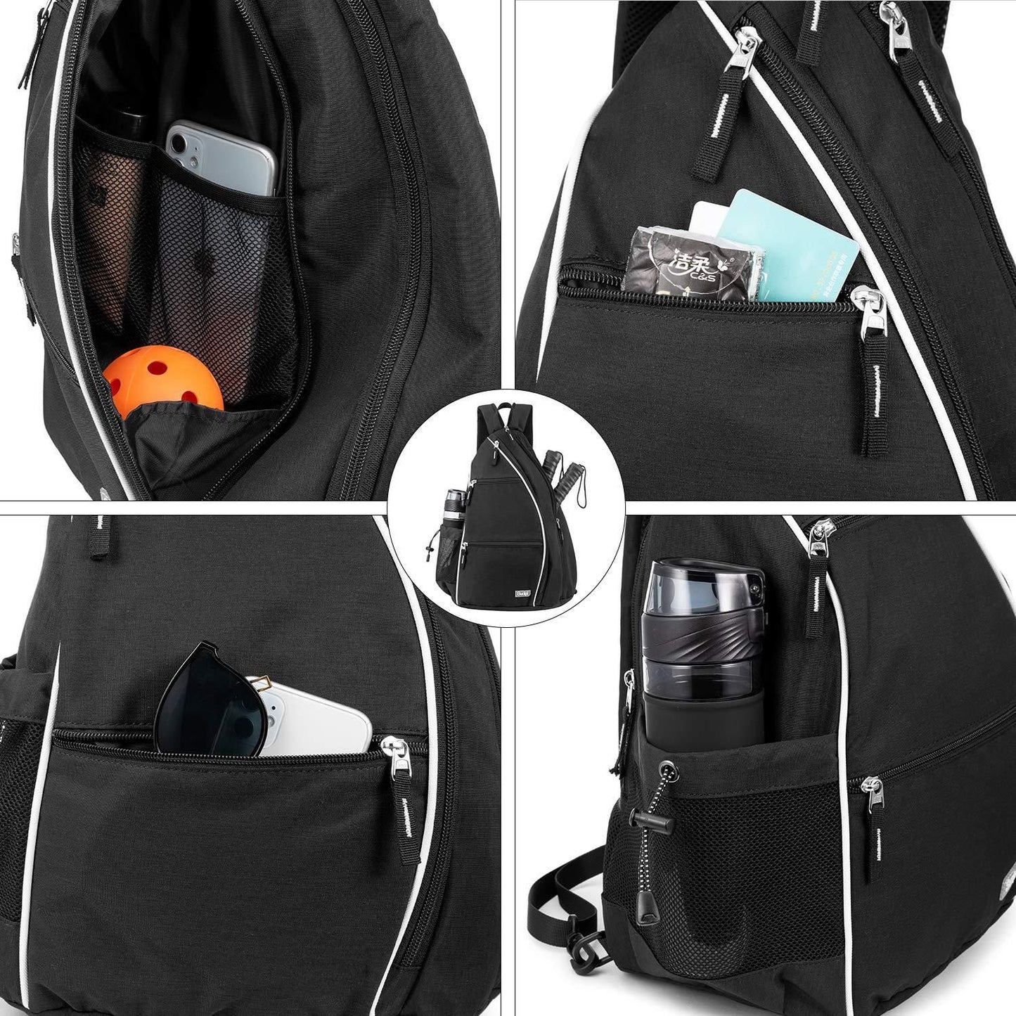 Pickleball Backpack Adjustable Sling Bag With Fence Hook And Large Capacity - Black V1308-DSZKI-478-1