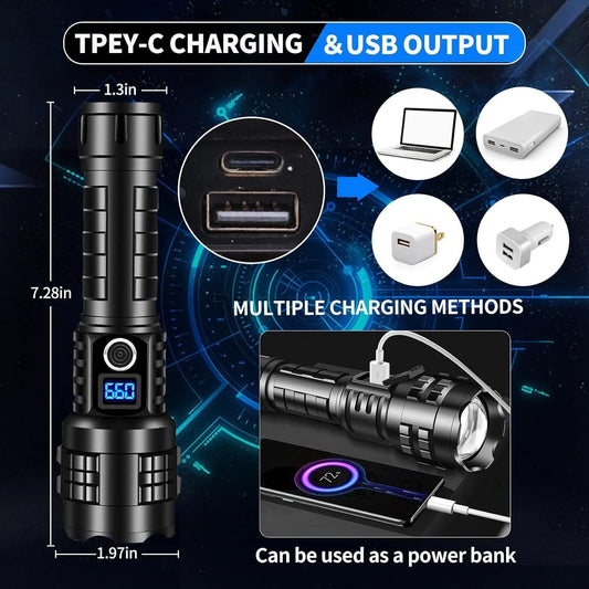 High Lumen LED Flashlight Rechargeable Zoomable Tactical Torch with LCD Power Display Black V1308-DSZKI-493