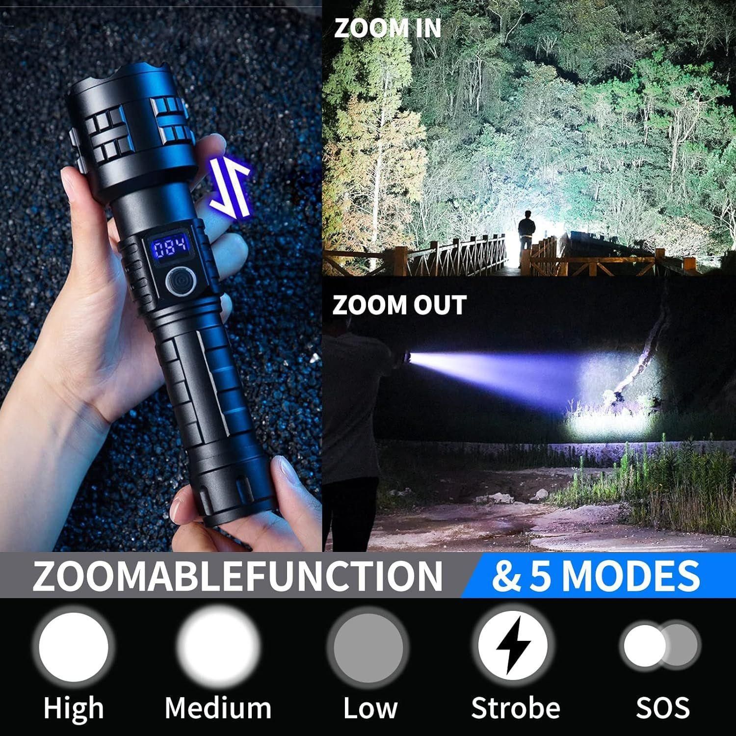 High Lumen LED Flashlight Rechargeable Zoomable Tactical Torch with LCD Power Display Black V1308-DSZKI-493