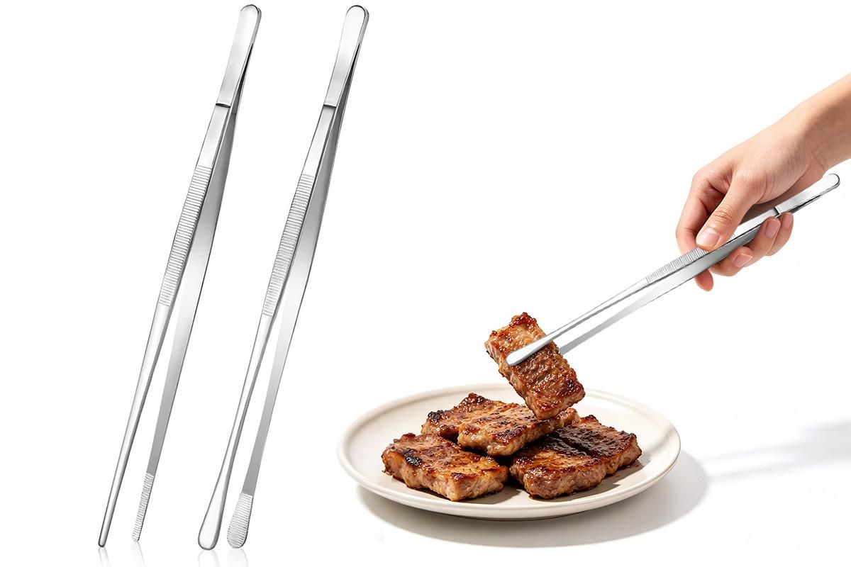 2 Pack 30cm BBQ Tongs Stainless Steel Round and Straight Head for Grilling Cooking - Silver V1308-DSZKI-50-1