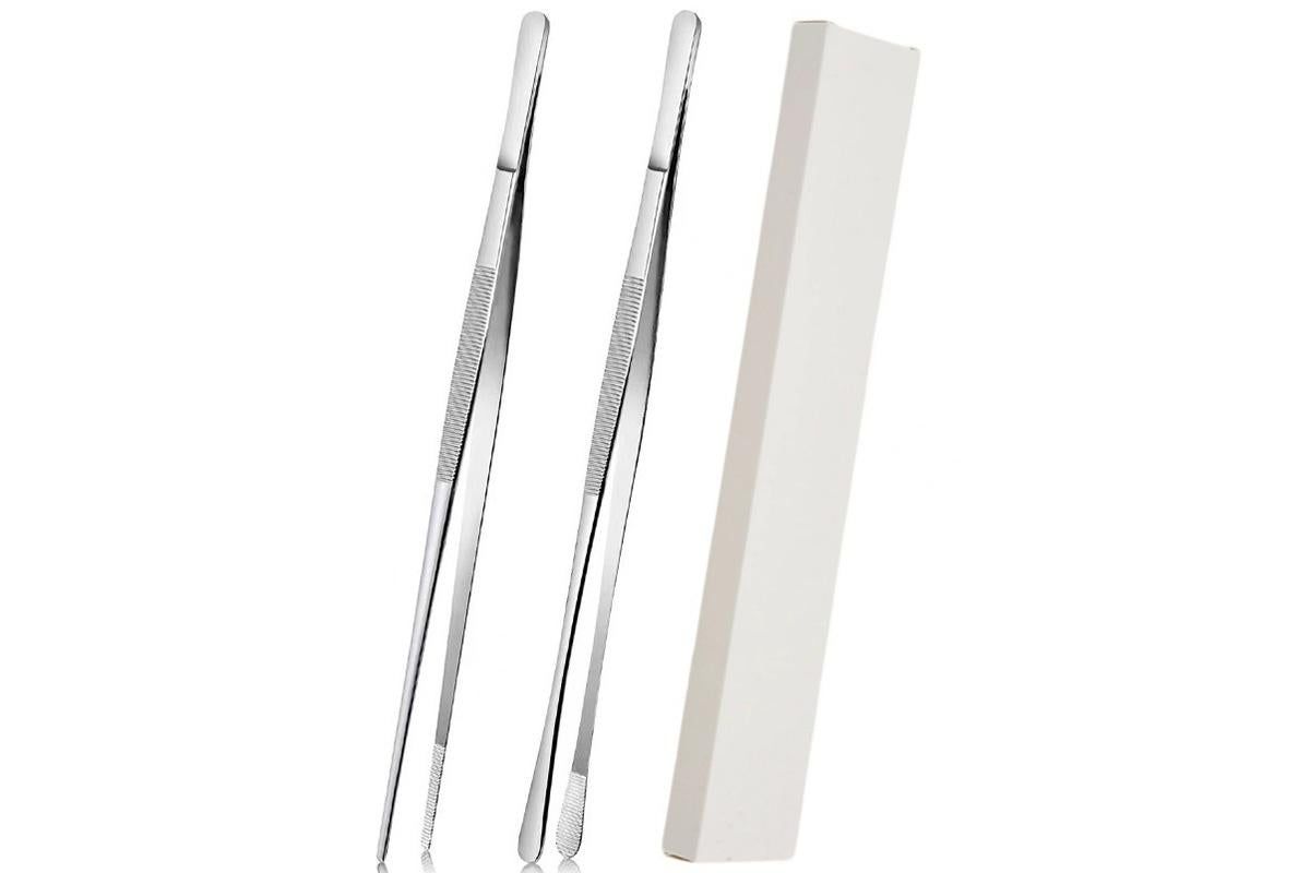 2 Pack 30cm BBQ Tongs Stainless Steel Round and Straight Head for Grilling Cooking - Silver V1308-DSZKI-50-1