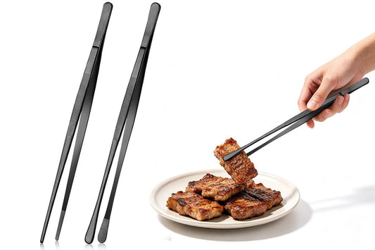 2 Pack 30cm BBQ Tongs Stainless Steel Round and Straight Head for Grilling Cooking - Black V1308-DSZKI-50-2