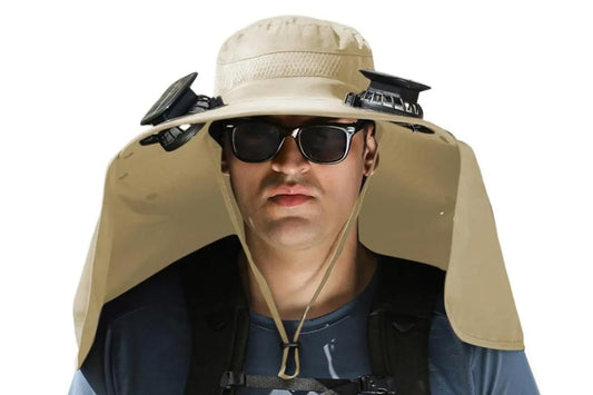Outdoor Wide Brim Sun Hat With 2 Solar Fans Fishing And Beach Hat With Built In Fan -Khaki V1308-DSZKI-62-2