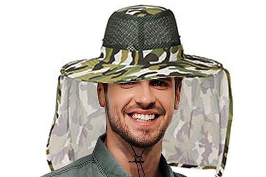 Adult Camouflage Bucket Hat Breathable Mesh Mountaineering Hat Wide Brim Fishing Cap Sun Shade Hat with Neck V1308-DSZKI-84