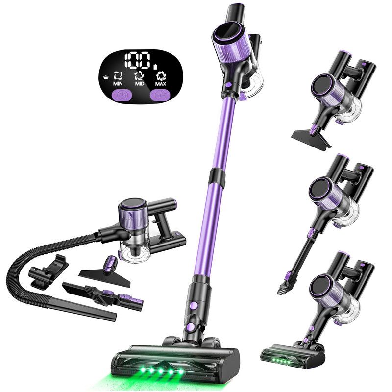 Cordless Vacuum Cleaner, 10 in 1 Stick Vacuum with Powerful Suction, Hose, Green LED Light, Anti-Tangle V1313-AU-A27V