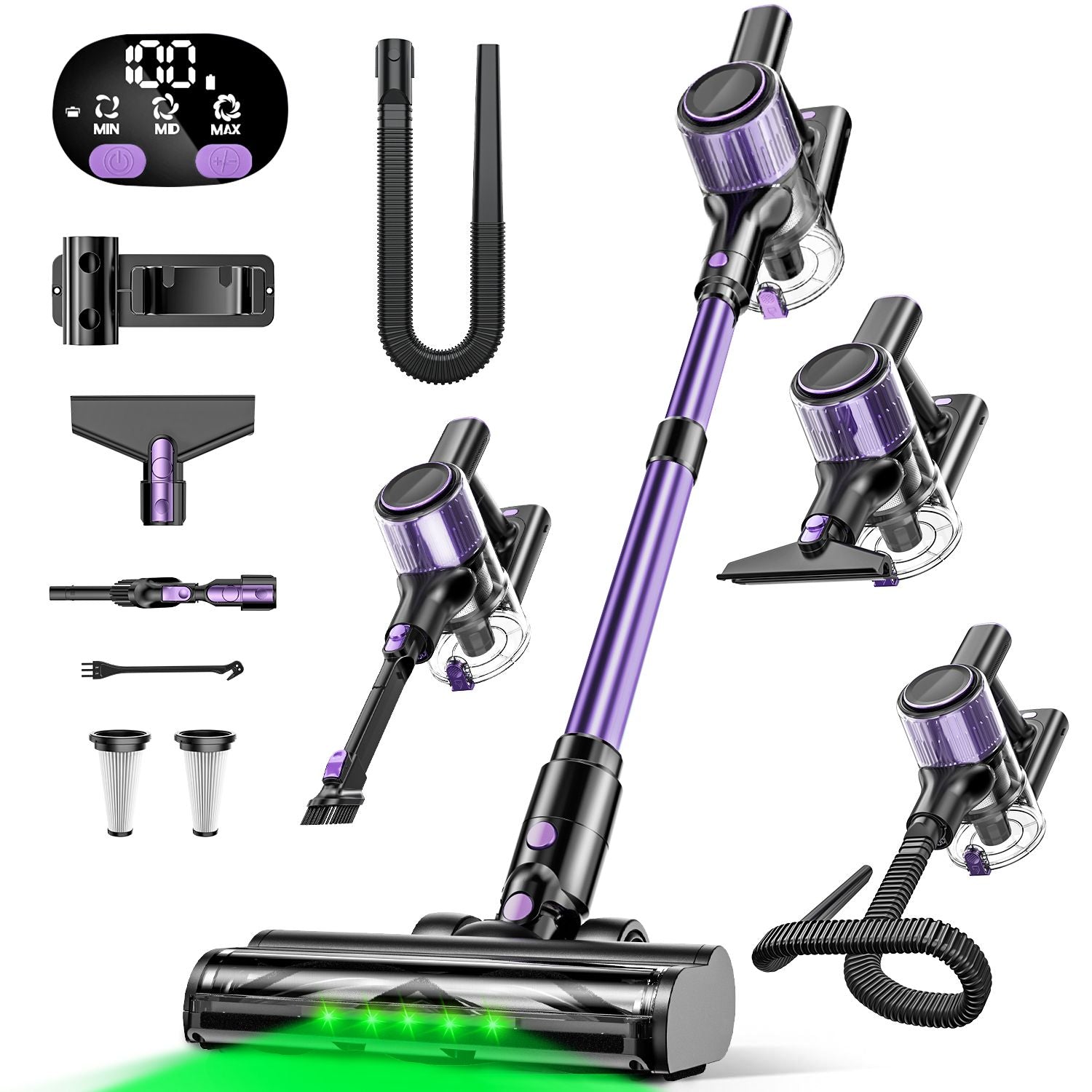 Cordless Vacuum Cleaner, 10 in 1 Stick Vacuum with Powerful Suction, Hose, Green LED Light, Anti-Tangle V1313-AU-A27V-1
