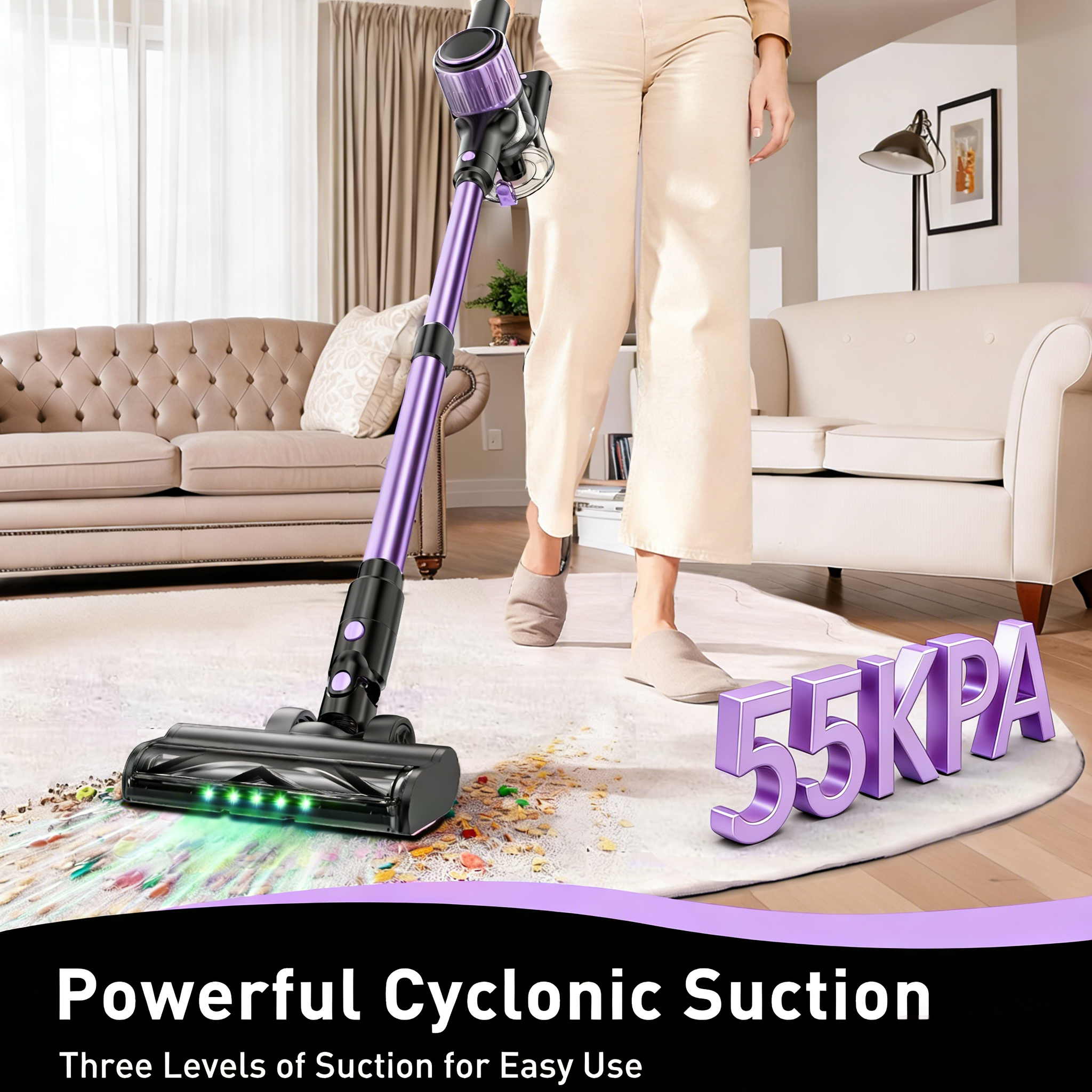 Cordless Vacuum Cleaner, 10 in 1 Stick Vacuum with Powerful Suction, Hose, Green LED Light, Anti-Tangle V1313-AU-A27V-1
