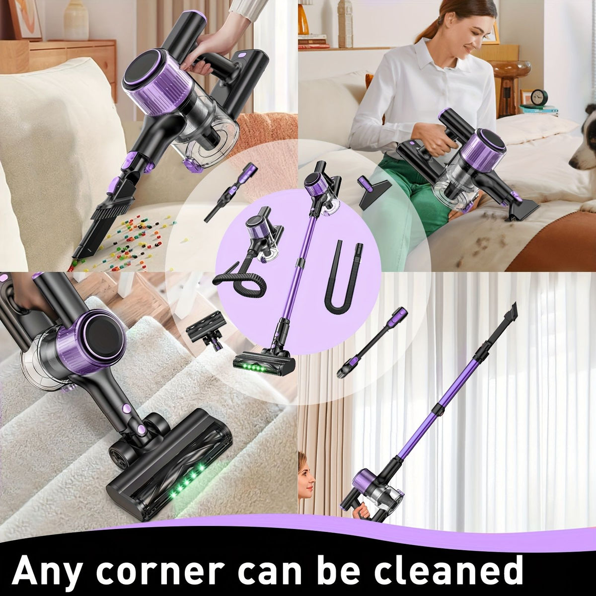 Cordless Vacuum Cleaner, 10 in 1 Stick Vacuum with Powerful Suction, Hose, Green LED Light, Anti-Tangle V1313-AU-A27V-1