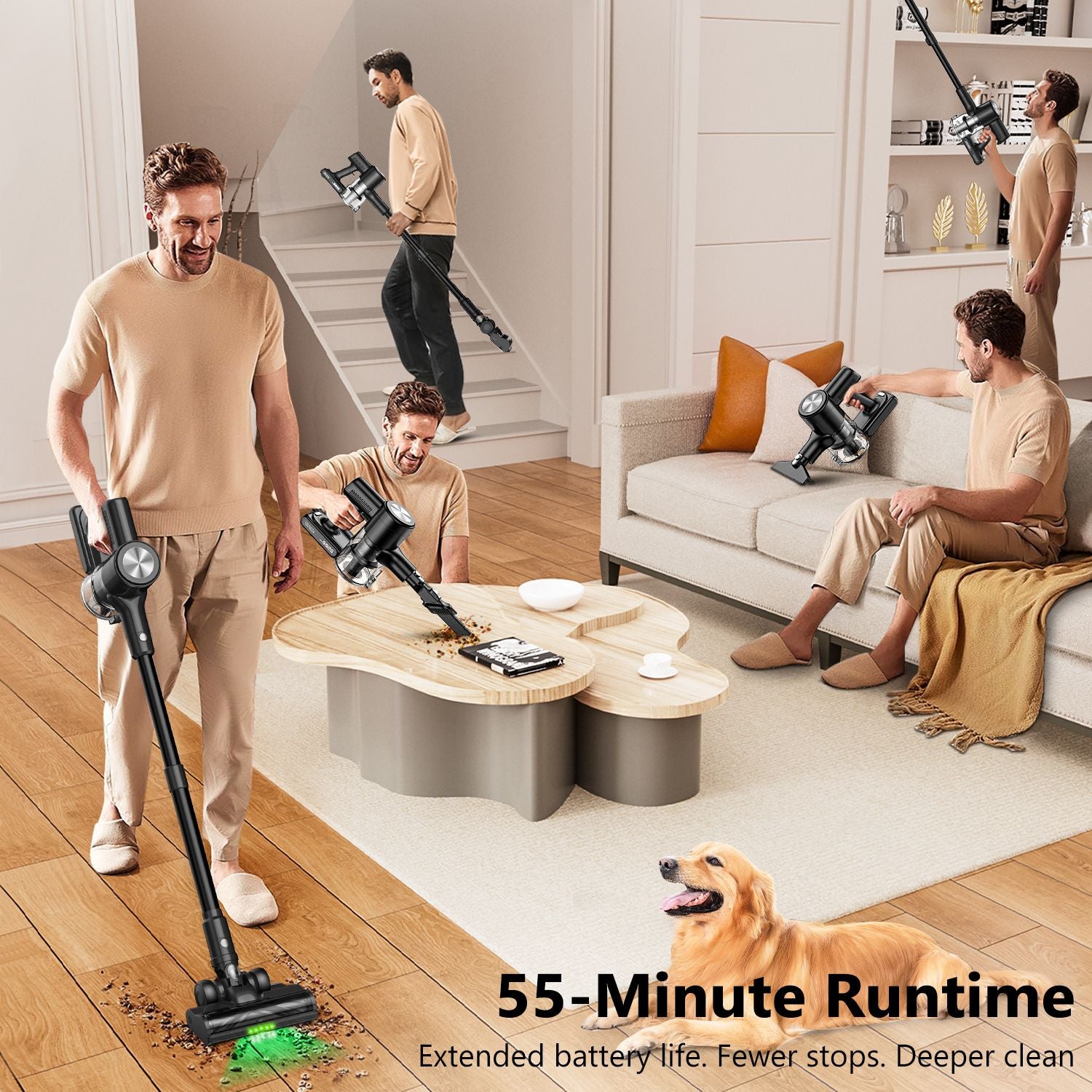 Cordless Vacuum Cleaner, 55Kpa/55Mins Vacuum Cleaners for Home. Self-Standing Stick Vacuum with Rechargeable V1313-AU-H28B-1