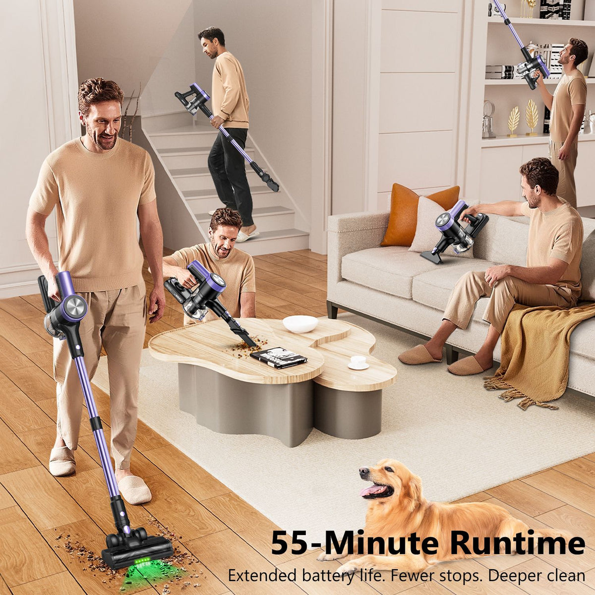 Cordless Vacuum Cleaner, 55Kpa/55mins Self-Standing Powerful Stick Lightweight Vacuum Cleaner for Home Pet V1313-AU-H28V-1