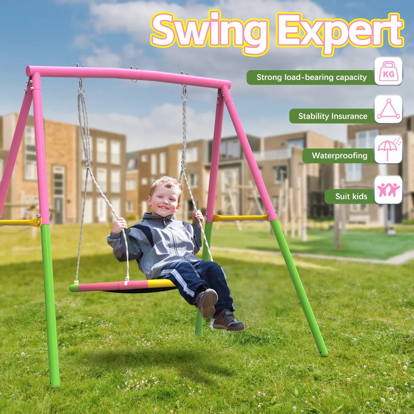 Flying Saucer Swing Set with Heavy Duty A-Frame Metal Swing Stand, Ful V1316-MSG-SW-9901P