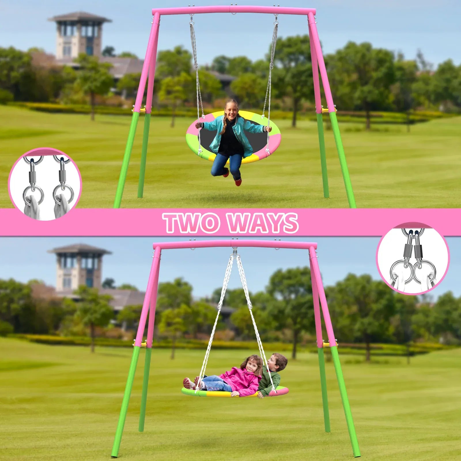 Flying Saucer Swing Set with Heavy Duty A-Frame Metal Swing Stand, Ful V1316-MSG-SW-9901P
