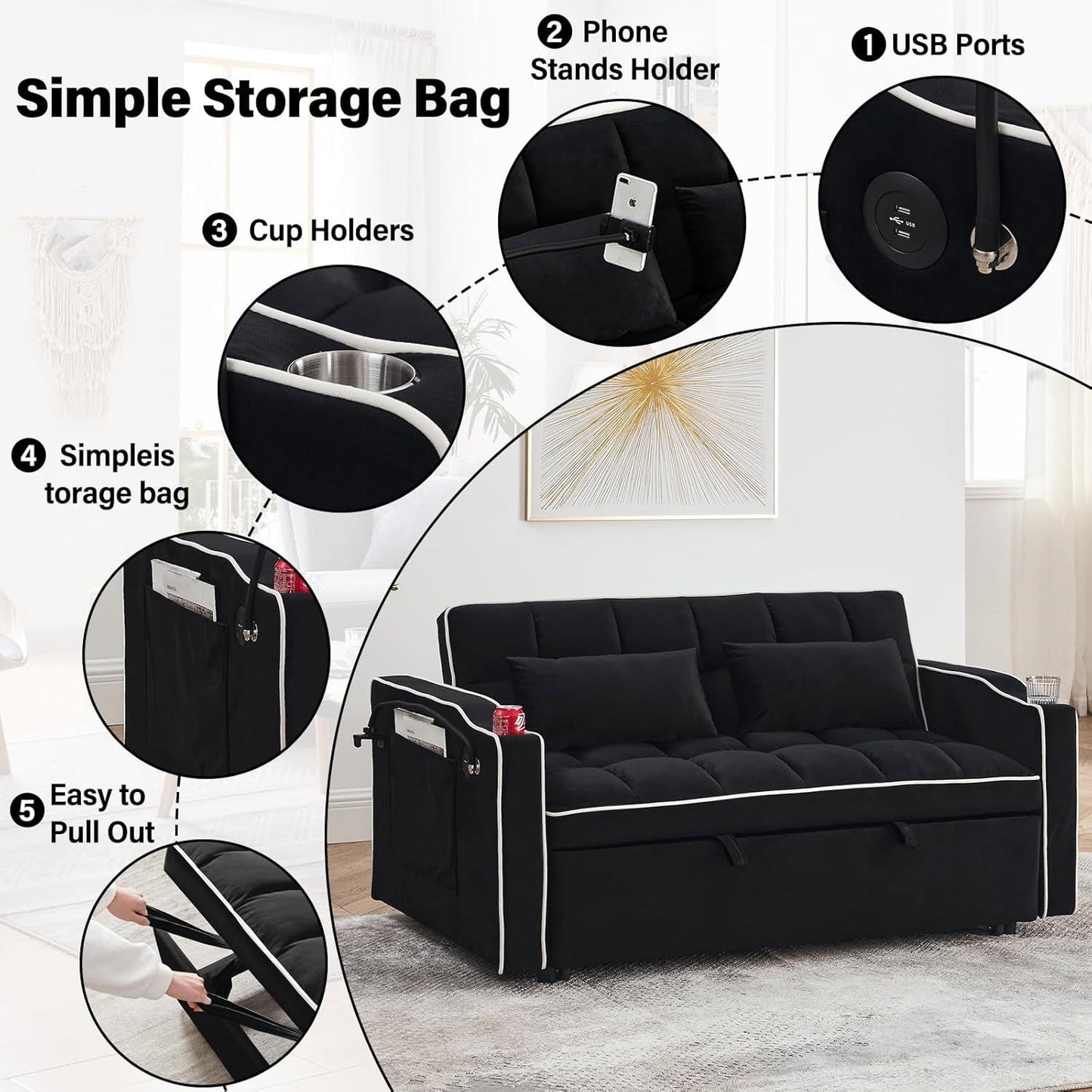 Fashionable Modern and Multi-functional Foldable Velvet Sofa Bed - Beige V1316-W2353P151789