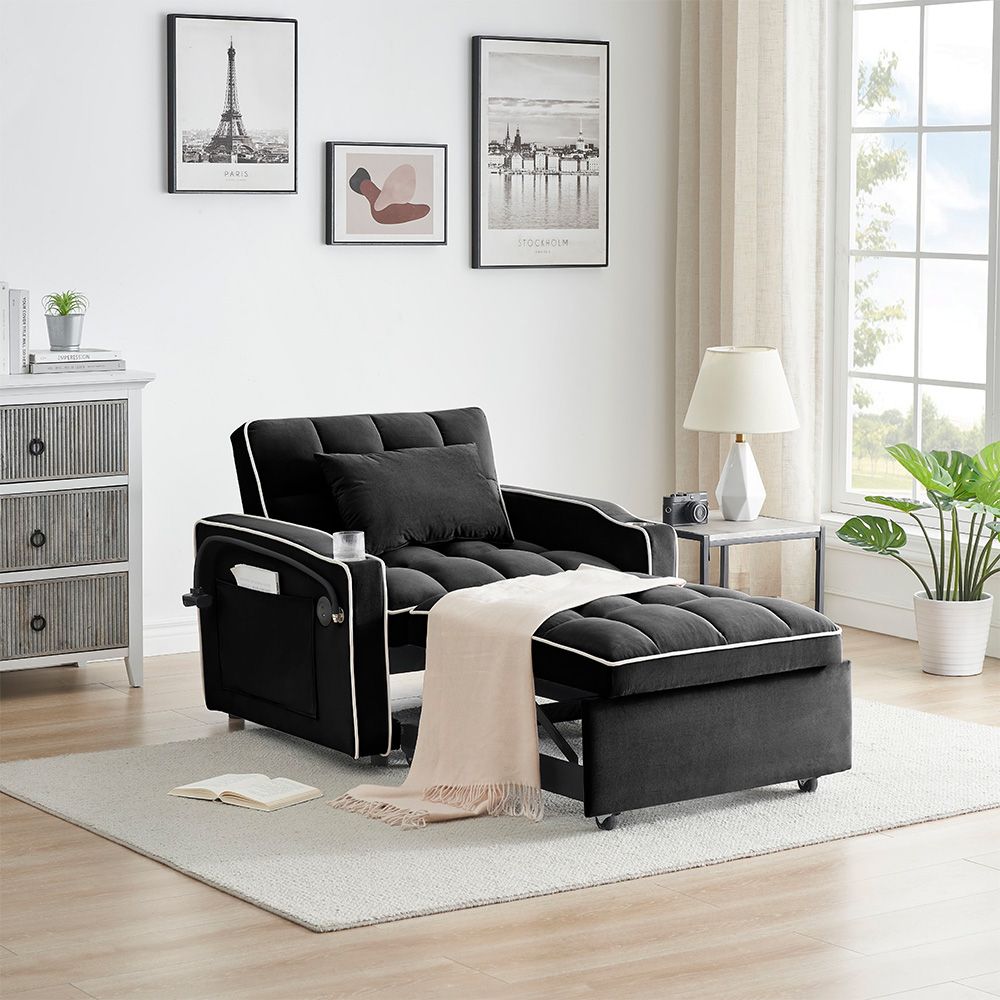 Single-seater sofa bed, equipped with USB ports and a phone holder - Black
