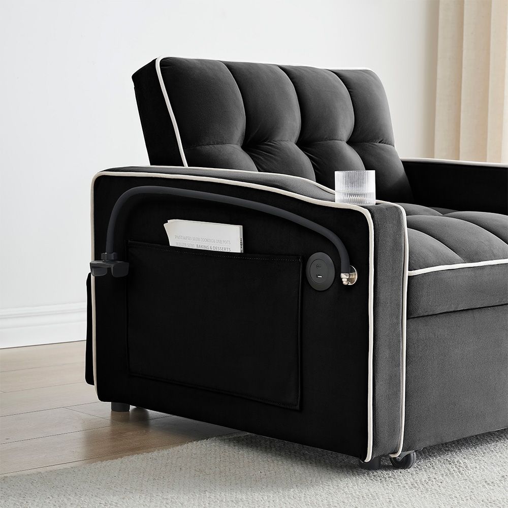 Single-seater sofa bed, equipped with USB ports and a phone holder - Black