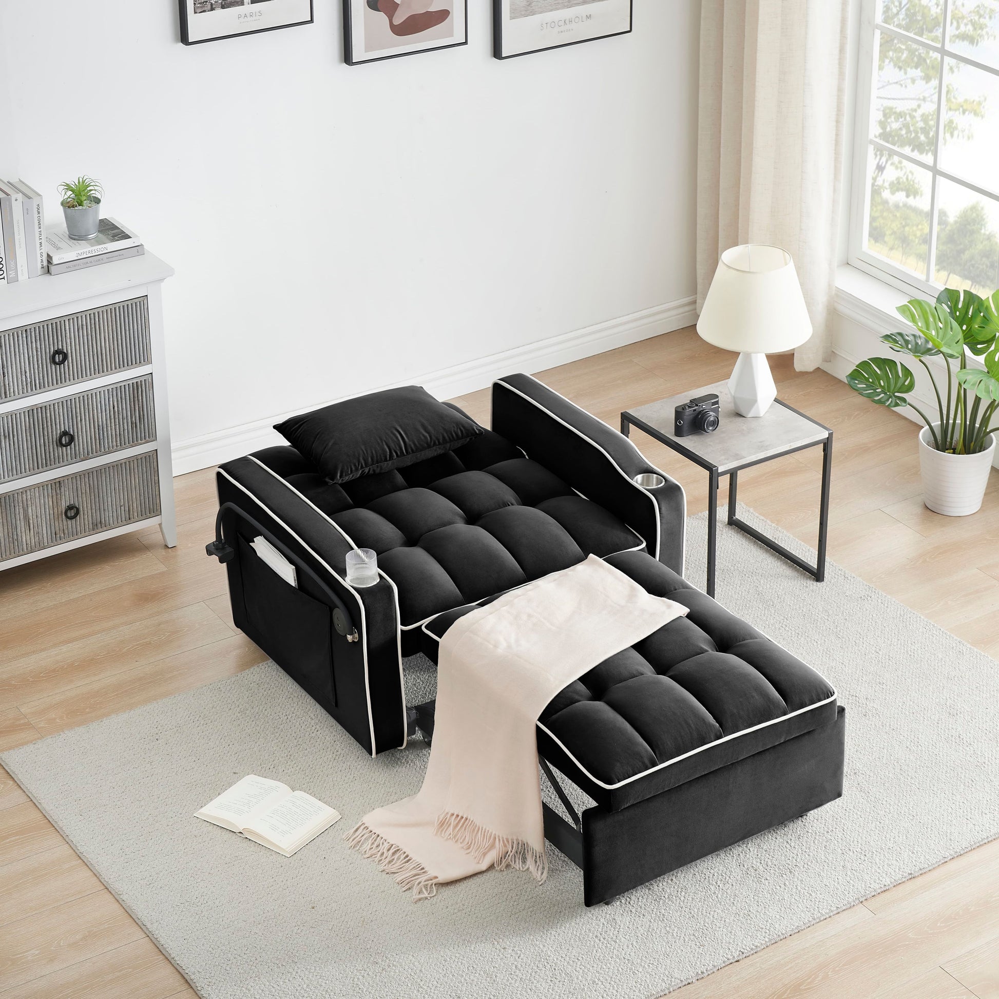 Single-seater sofa bed, equipped with USB ports and a phone holder - Black V1316-W2564P462076