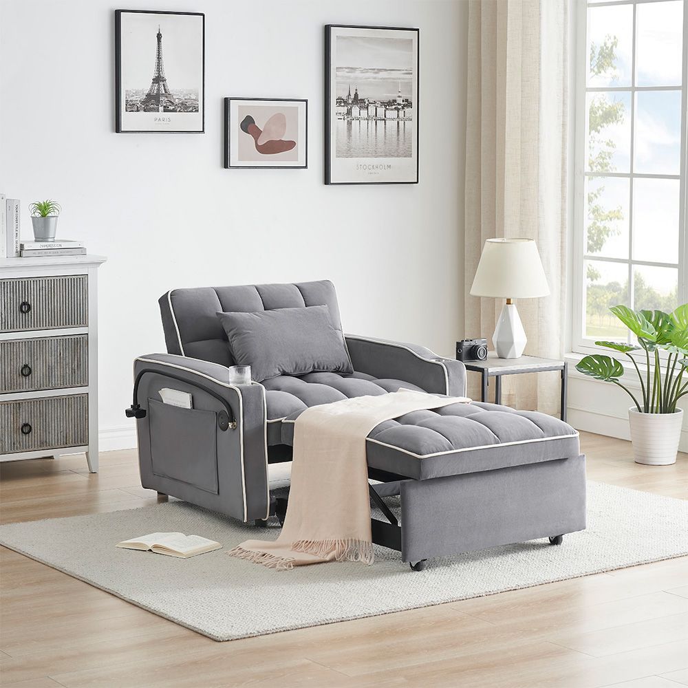 Single-seater sofa bed, equipped with USB ports and a phone holder - Grey