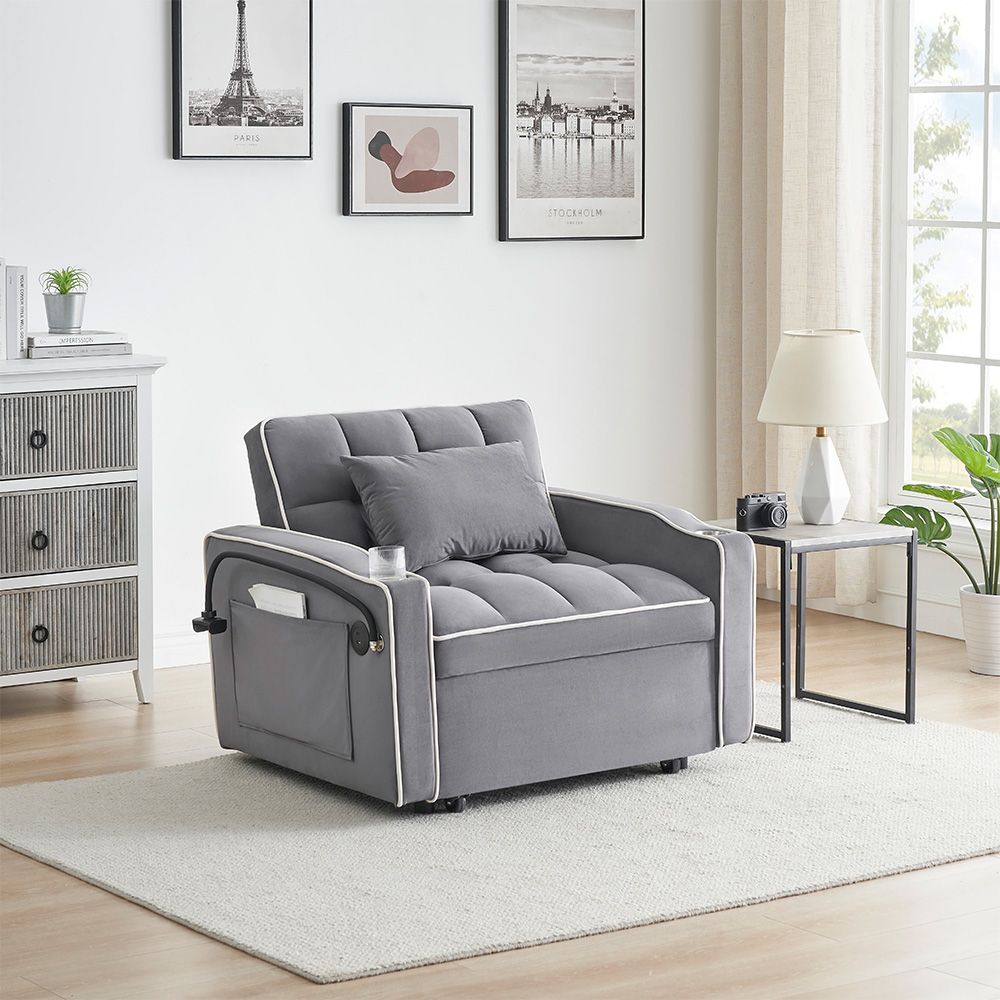 Single-seater sofa bed, equipped with USB ports and a phone holder - Grey