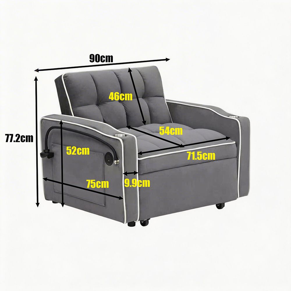 Single-seater sofa bed, equipped with USB ports and a phone holder - Grey