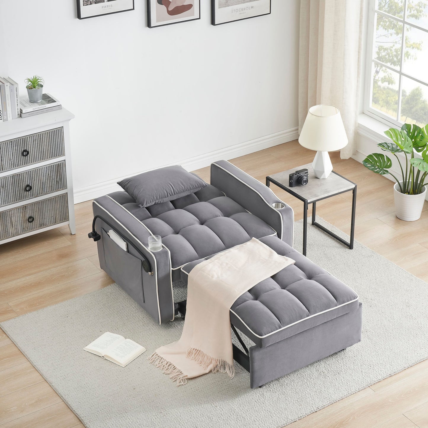 Single-seater sofa bed, equipped with USB ports and a phone holder - Grey V1316-W2564P462077