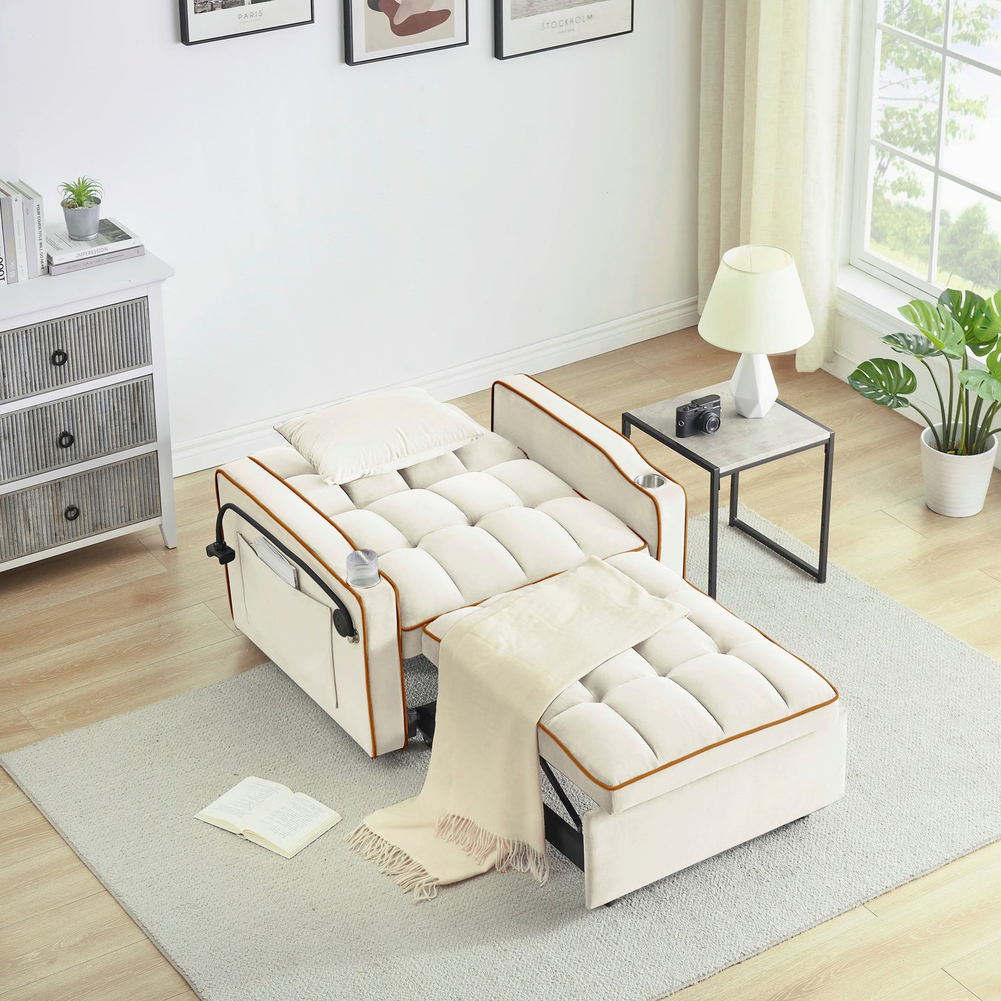 Single-seater sofa bed, equipped with USB ports and a phone holder - Beige V1316-W2564P462078