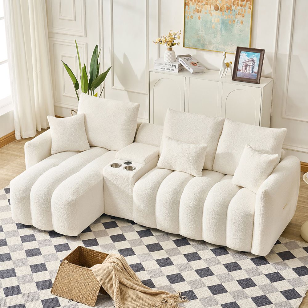 92-inch high-quality teddy fur fabric corner sofa - White