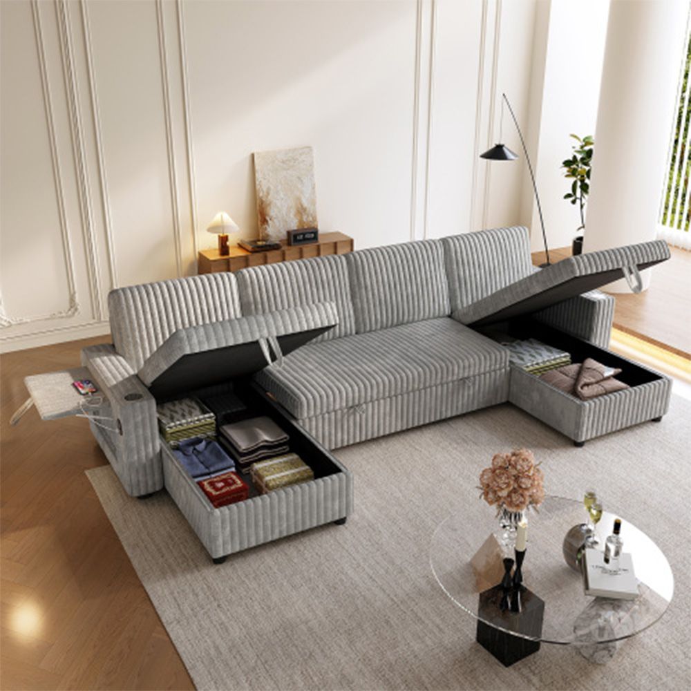 Oversized U Shaped Plush Corduroy Fluffy Sectional Sleeper Sofa - Grey V1316-W2564S00049