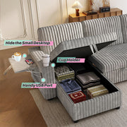 Oversized U Shaped Plush Corduroy Fluffy Sectional Sleeper Sofa - Grey V1316-W2564S00049