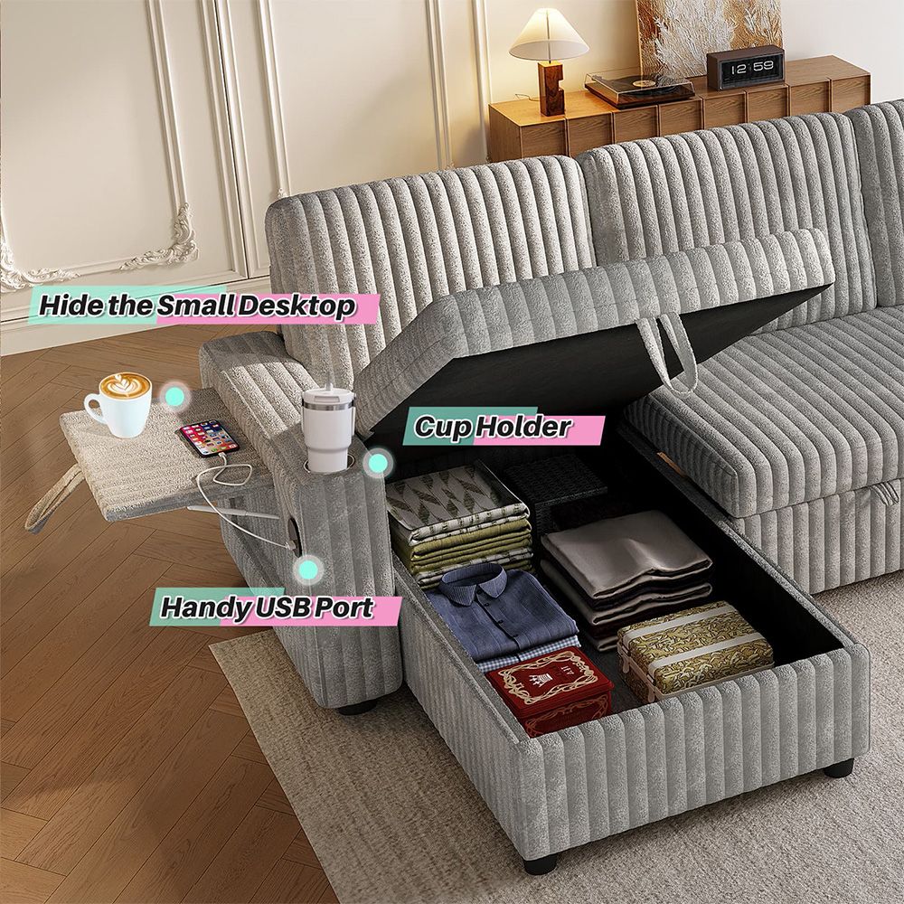 Oversized U Shaped Plush Corduroy Fluffy Sectional Sleeper Sofa - Grey V1316-W2564S00049