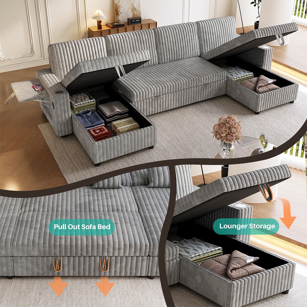 Oversized U Shaped Plush Corduroy Fluffy Sectional Sleeper Sofa - Grey V1316-W2564S00049