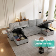 Oversized U Shaped Plush Corduroy Fluffy Sectional Sleeper Sofa - Grey V1316-W2564S00049